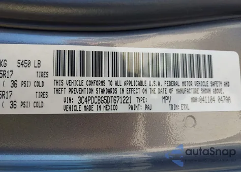 2013 Dodge Journey Sxt from USA, damaged, VIN 3C4PDCBG5DT671221